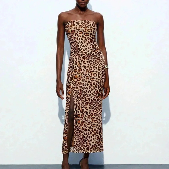 Khaki Sexy Women's Leopard Print Fitted Bodycon Midi Dress With Slit Up To Thigh - Picture 1 of 8